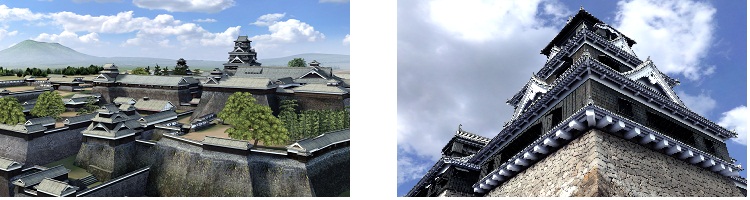 左：五重・三重の櫓が立ち並ぶ江戸時代中期の熊本城、右：防御の仕掛けで固めた天守 VR作品『熊本城』　