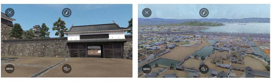 左：松江城「大手門（南惣門）」　右：江戸末期の水都松江 