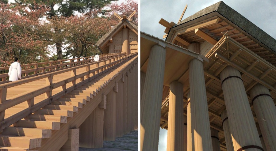 （左）階段を上がる神職の様子、（右）巨大な高層神殿を見上げている様子 製作・著作：出雲市　制作：凸版印刷株式会社